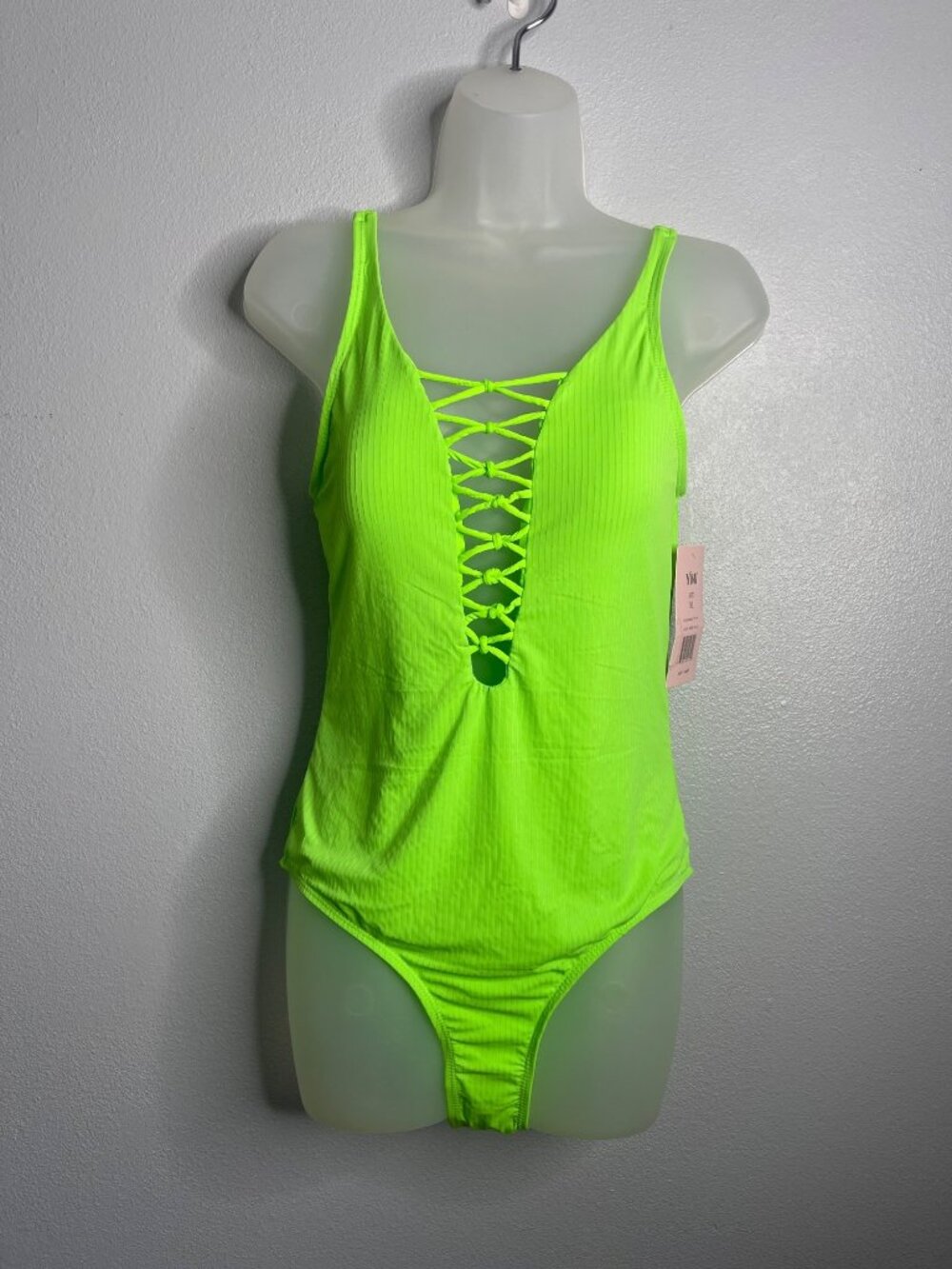 YMI Womens Neon Green One-Piece Swimsuit Lace-Up Straps XL Vacation Beach NWT